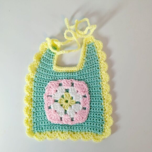Handmade Other - Vintage Handmade Crochet Baby Doll Bib Pastel Yellow Green Tie Closure